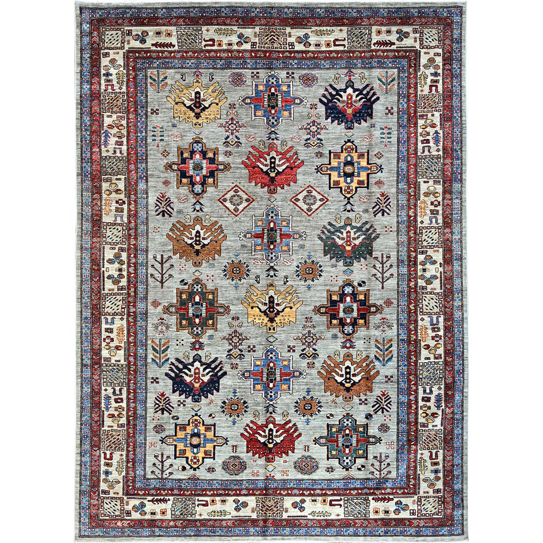 Mirage Gray, Afghan Super Kazak with Tribal Medallions, Natural Dyes Densely Woven, Extra Soft Wool Hand Knotted, Oriental Rug 
